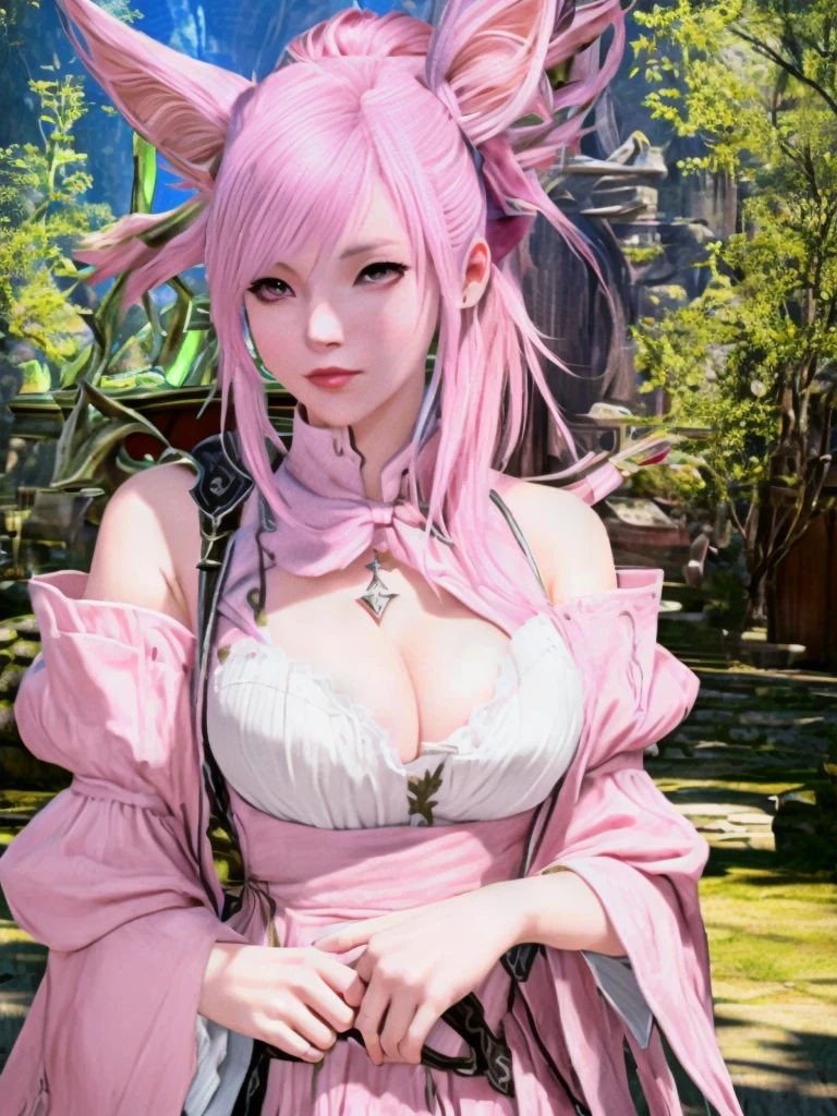 Closeup of a costumed person with pink hair, final fantasy style 14, Final Fantasy 1 4, Final Fantasy 1 4 screenshot, ffxiv cielo, Final Fantasy XIV, ffxiv, final fantasy 14 sharp, thinning pink hair, Pink hair and cyan eyes., character close up, character closeup, female character with bigger eyes and with a bow on her back you can make a very beautiful forest environment detalla su arco de atras que tenga una cara seductora podrias hacerle la cara mas bella 