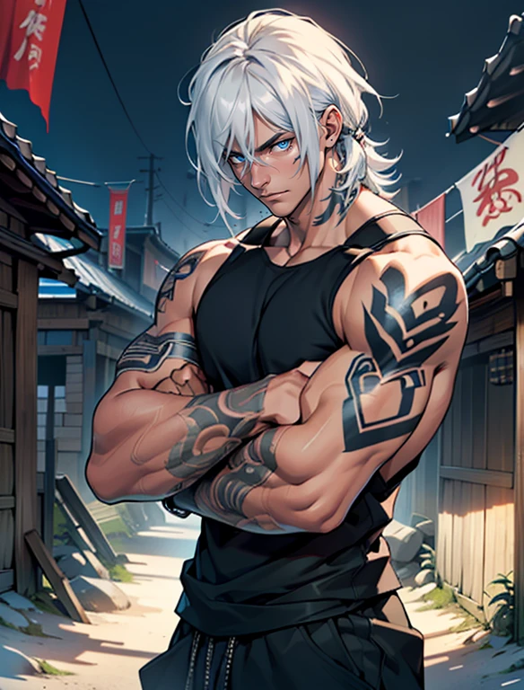 ultra detail, high resolution, ultra detailed, best quality, amazing, top quality, extremely detailed CG 8k wallpaper unit, cinematic lighting, handsome young man, detailed background of ninja village, black tank top, lean, intricate tattoos on both arms, slender, long white hair, bob hair style, blue eyes