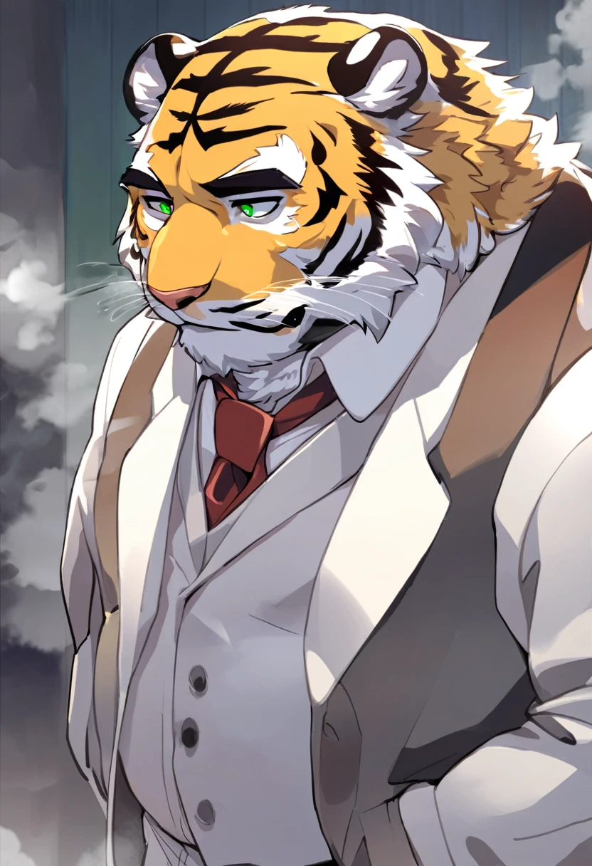 Tiger,personification,Mature male,Bad Uncle,A frivolous drinker,Cold expression,Green pupils,Black eyebrows,White suit suit,Hands in pockets,The Age of Steam,Lively bar。