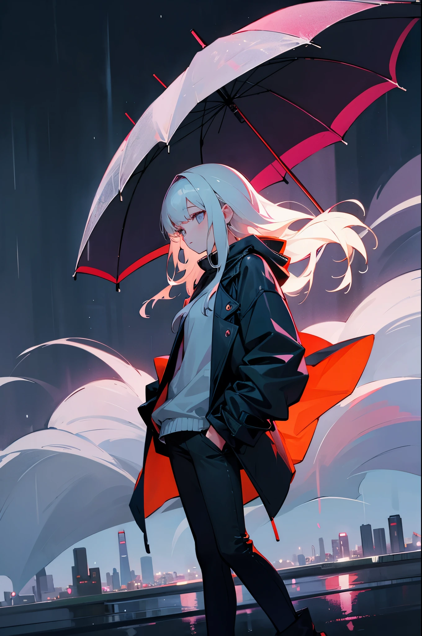 1girl, Night City, rain, coat, hands in pockets
