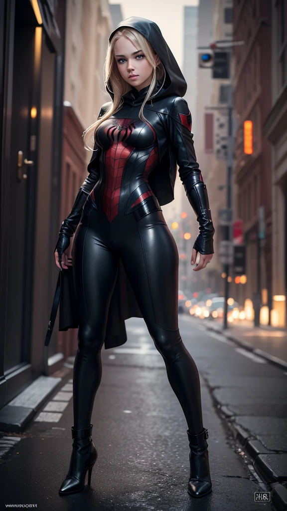 ((Full body photo, standing, feet on the ground)), a young woman,sexy,detailed,beautiful blue eyes,stunning blonde hair,seductive spider man leather outfit,hood,full body focus,photorealistic,masterpiece,8k,ultra-detailed,hyperrealistic,chiaroscuro lighting,cinematic,dramatic lighting,warm color palette,captivating gaze