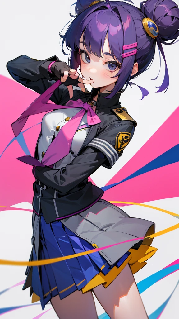 Top Quality, 8K, 4K, High Definition, Detail, (better-quality, 8K, 12), top-quality, 1 girl、purple short bob hair clip tied into a bun、black eyes、small breasts、uniform、gray jacket with pink line、blue skirt、 fingerless gloves、thighs、Ilcha fousing on her, surprise face, having her handon her face, making cute expressing face. picture pose, she is standing up, she has a loil pop in her mouth, she up close only showing her wraist and up.
