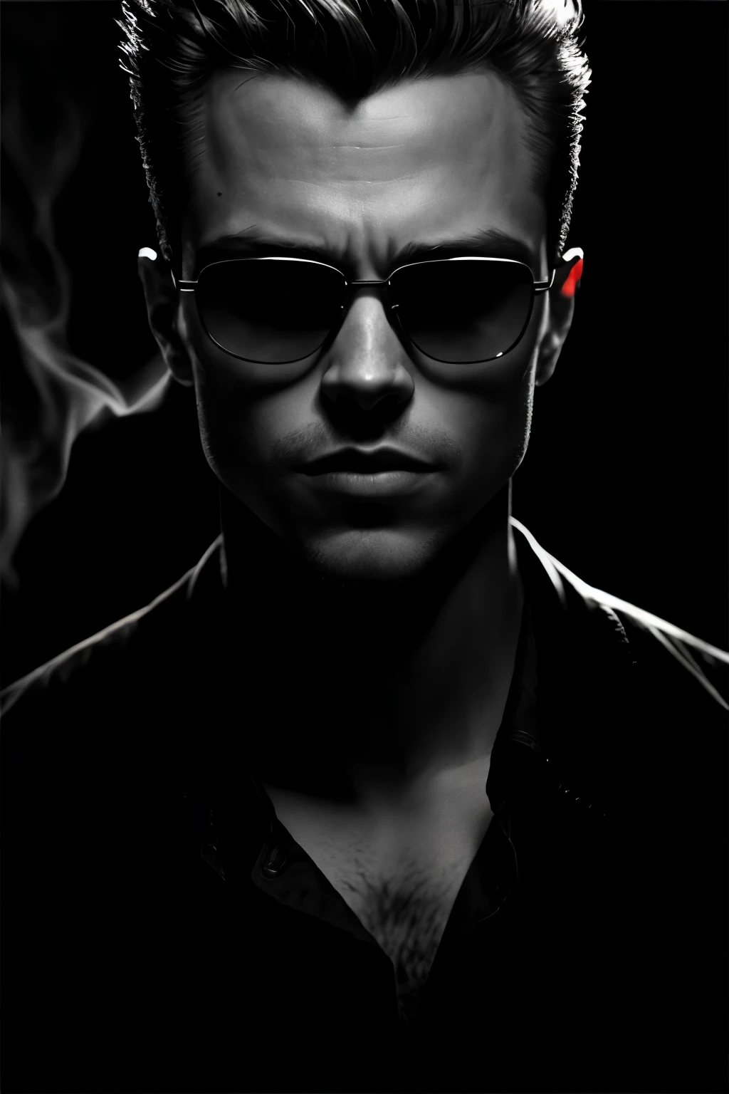 An Instagram profile picture of the enigmatic Tyler Durden, characterized by his signature sunglasses and a cigar between his fingers, exudes an air of mystery. The background is a deep, shadowy canvas, subtly adorned with indistinct shapes that add to the atmosphere of intrigue. The lighting is dim, illuminating his face in a captivating dance of deep shadows and soft highlights. The image was skillfully crafted using cinematic lighting, adhering to the noir style and boasting high contrast, a vintage film effect, and a shallow depth of field to create striking dramatic shadows. The 35mm lens lends a gritty texture to the portrait --v