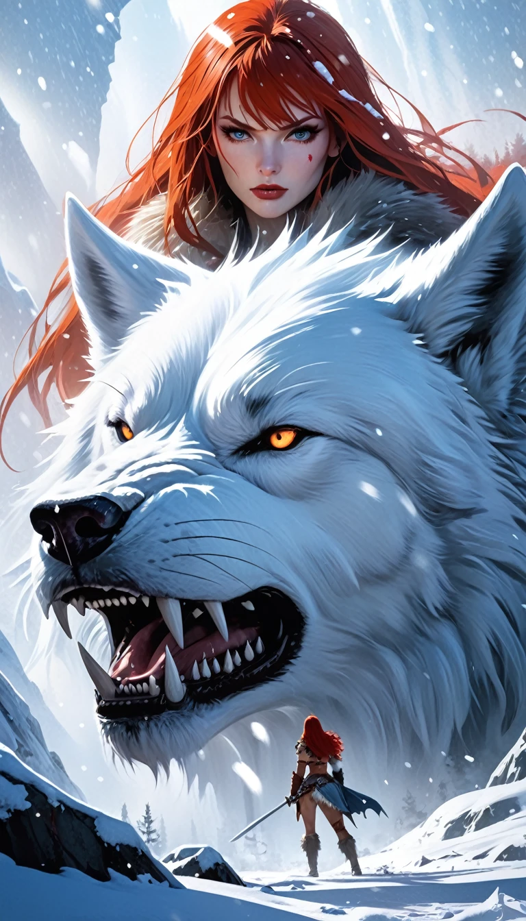 A fierce redhead warrior, Red Sonja, with her companion a huge giant wolf in a snowy landscape, blood stains on the pristine white snow (best quality, 4k, 8k, high resolution, masterpiece: 1.2), ultra detailed,,vivid colors,bokeh,portraits,concept art,dramatic lighting,cold tones,snow, ice, winter, art inspired by Bill Sienkiewicz
