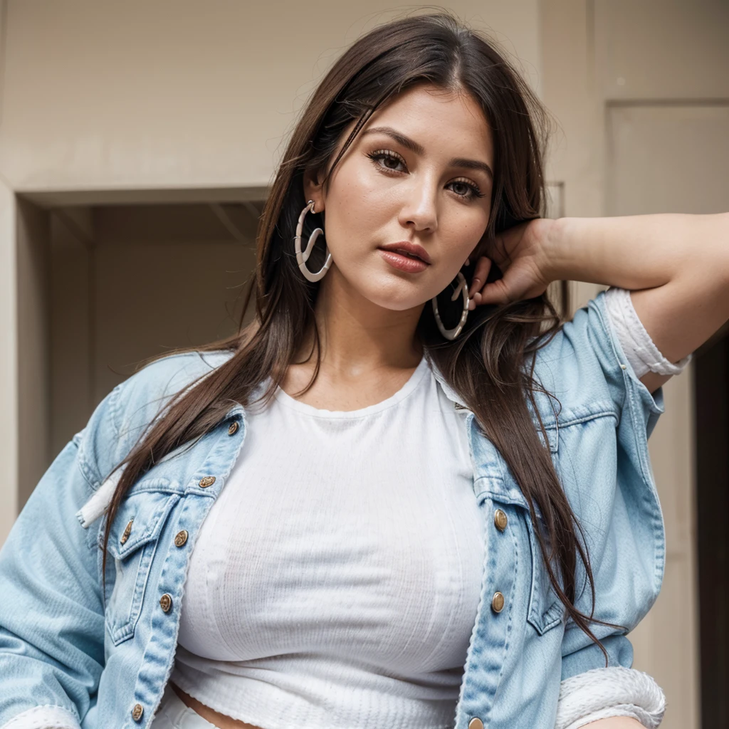 Lucy Pinder, face portrait, ((natural lipstick)),
long hair, black with (White yarn) hypdertailed, voluptuous woman, Cream T-Shirt, blue denim jacket, hoop earings..realisitic