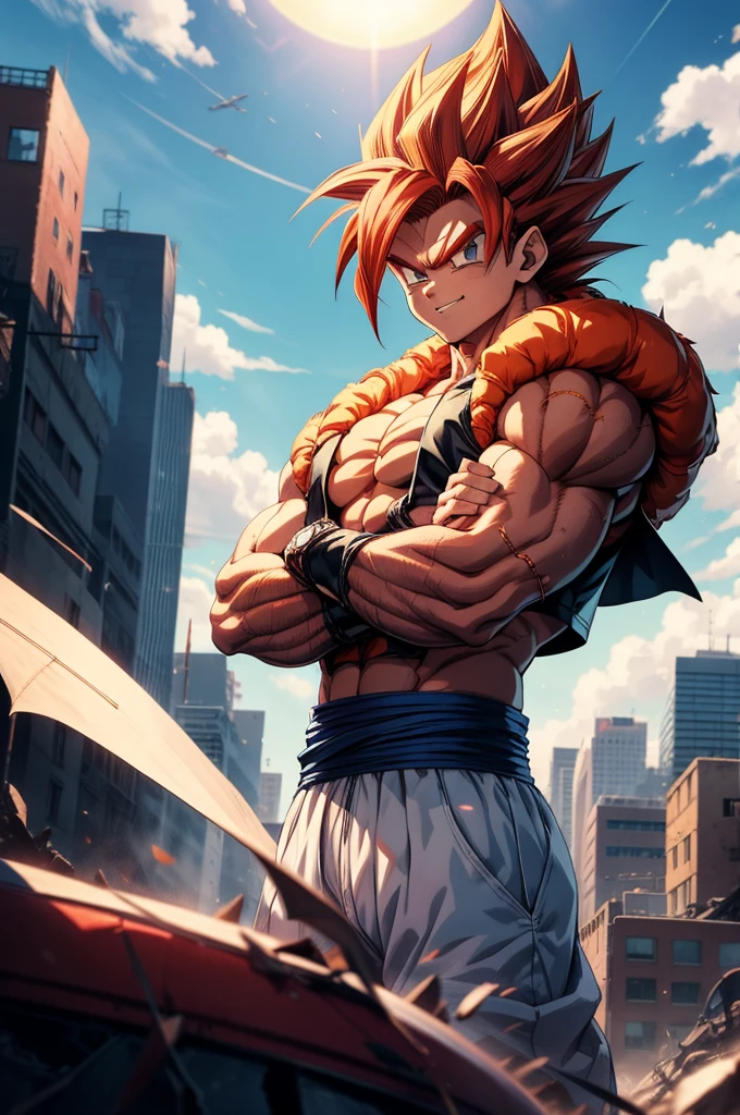 1boy, full body view, hovering in the air, gogeta, Anime, High Detailed, badass, (crossed arms), Confident Smile, muscular, (body_fur, red_fur:1.2), spiky hair, red hair, background: A destroyed city with a Beautiful blue sky with white clouds in back, anime style, add_detail:0,5, anime, akira toriyama, inspired by Akira Toriyama