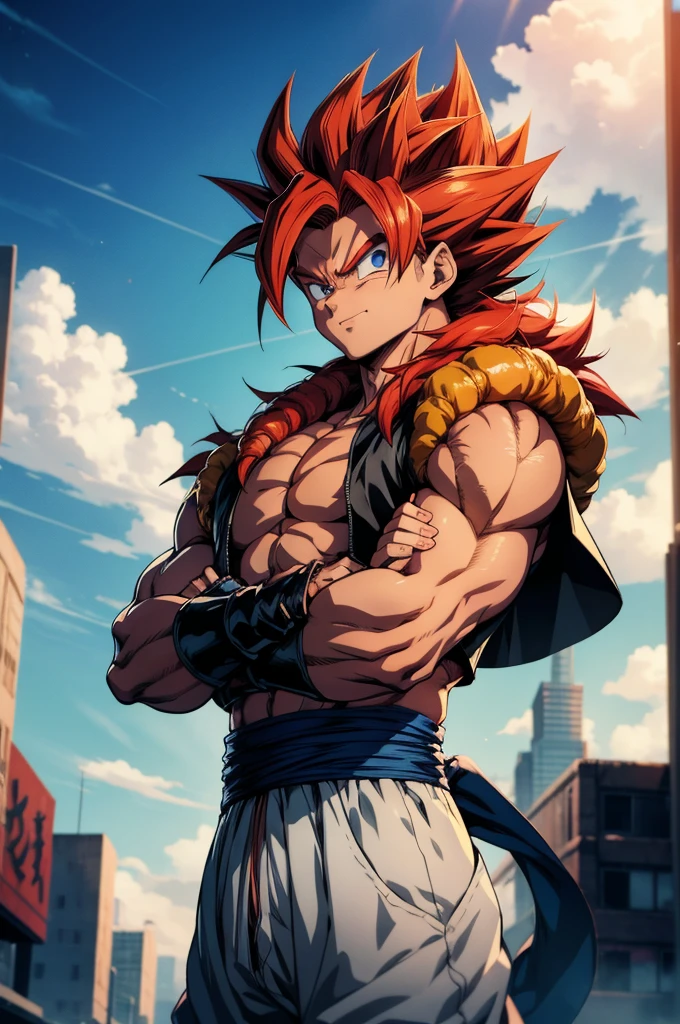 1boy, full body view, hovering in the air, gogeta, Anime, High Detailed, badass, (crossed arms), Confident Smile, muscular, (body_fur, red_fur:1.2), spiky hair, red hair, background: A destroyed city with a Beautiful blue sky with white clouds in back, anime style, add_detail:0,5, anime, akira toriyama, inspired by Akira Toriyama