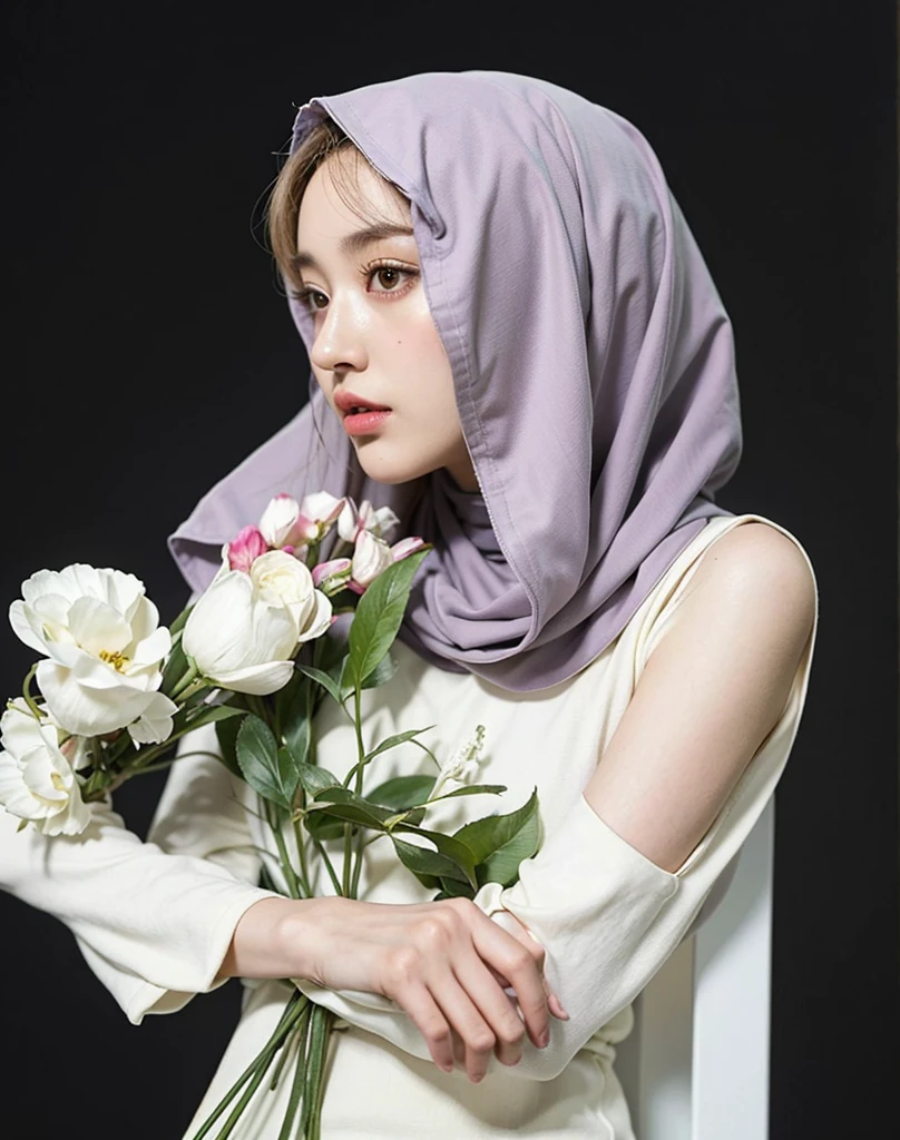 (Best quality, 8k, 32k, Masterpiece, UHD:1.2),Photo of Pretty Japanese hijab woman, large breasts, tight shirt, clean background, photo studios, fetish hijab, woman hijab sitting in a chair, digital art, gucci style, gucci clothes, album, official artwork, streetwear graphic design ,photo in studio, clean background, The Queen.