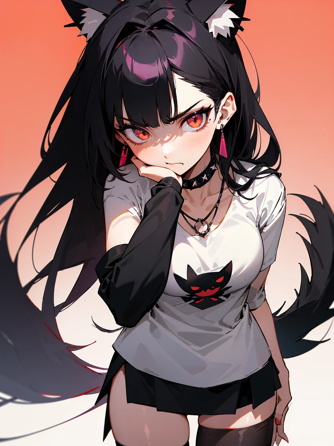 ((Long Straight Black hair)), Perfect face, Choker, Punk earrings, ((Tall)), ((High Quality)), Necklace, (()), Pretty Eyes, Sharp Nails, Bangs, ((1 Girl)), Hot, ((Multiple Earrings)), 1 girl, Beautiful, Sexy, ky Earrings, Adult, Spiked Collar, Thin Eyelashes, Plain Background, Red Colors in Background, Cat Girl, Long Tail, Large Tail, Massive Tail, Black Tail, ((Black Goth Mini Skirt)), ((White Shirt)), Close Up, Very Short Mini Skirt, Tall, Long Legs, Sexy Thigighs, ((Very Disgusted)), Angry,