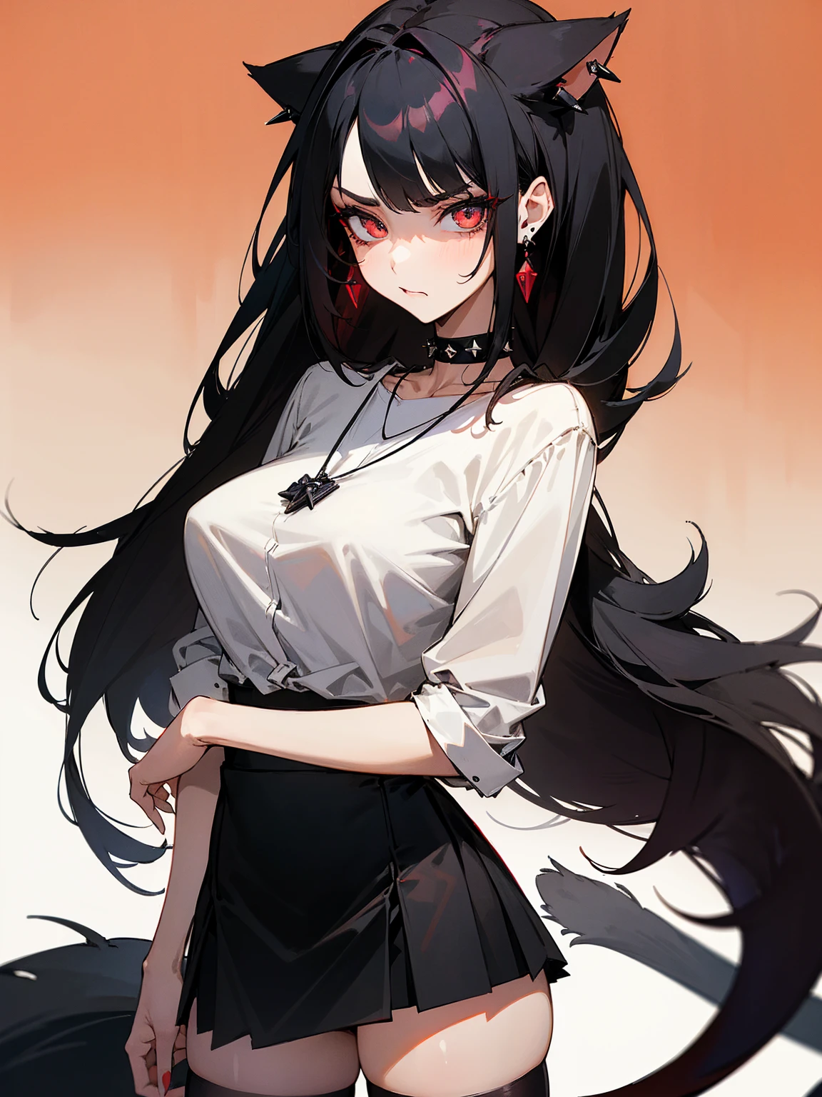((Long Straight Black hair)), Perfect face, Choker, Punk earrings, ((Tall)), ((High Quality)), Necklace, ((Mature)), Pretty Eyes, Sharp Nails, Bangs, ((1 Girl)), Hot, ((Multiple Earrings)), 1 girl, Beautiful, Sexy, Spiky Earrings, Adult, Spiked Collar, Thin Eyelashes, Plain Background, Red Colors in Background, Cat Girl, Long Tail, Large Tail, Massive Tail, Black Tail, ((Black Goth Mini Skirt)), ((White Shirt)), Close Up, Very Short Mini Skirt, Tall, Long Legs, Sexy Thigh Highs, ((Very Disgusted)), Angry,