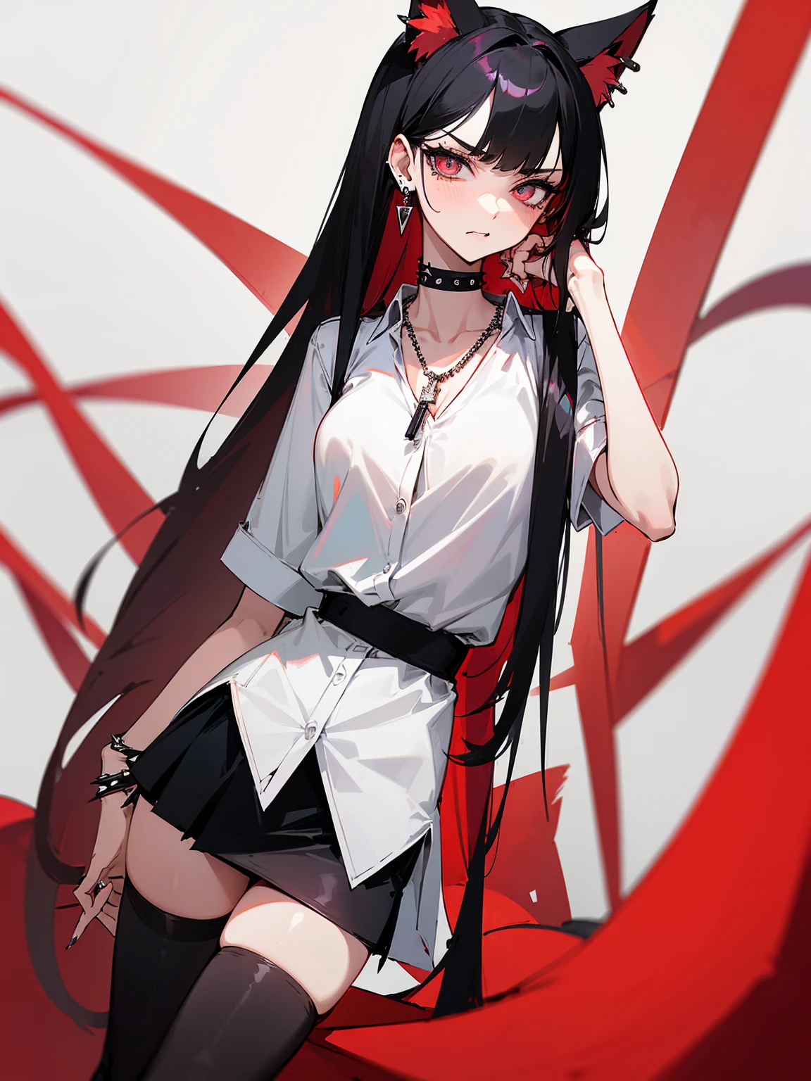 ((Long Straight Black hair)), Perfect face, Choker, Punk earrings, ((Tall)), ((High Quality)), Necklace, ((Mature)), Pretty Eyes, Sharp Nails, Bangs, ((1 Girl)), Hot, ((Multiple Earrings)), 1 girl, Beautiful, Sexy, Spiky Earrings, Adult, Spiked Collar, Thin Eyelashes, Plain Background, Red Colors in Background, Cat Girl, Long Tail, Large Tail, Massive Tail, Black Tail, ((Black Goth Mini Skirt)), ((White Shirt)), Close Up, Very Short Mini Skirt, Tall, Long Legs, Sexy Thigh Highs, ((Very Disgusted)), Angry,