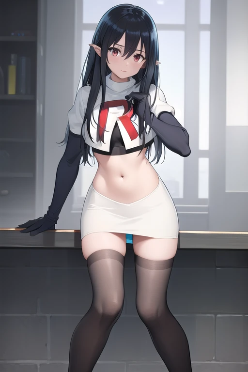 ((masterpiece)),(best quality),official art,extremely detailed CG,unity 8k wallpaper,ultra detailed,1girl,solo,black_hair,pointy_ears,long_hair,red_eyes,looking_at_viewer,bangs,hair_between_eyes,team rocket,team rocket uniform,white skirt,red letter R,crop top,black thigh-highs,black elbow gloves