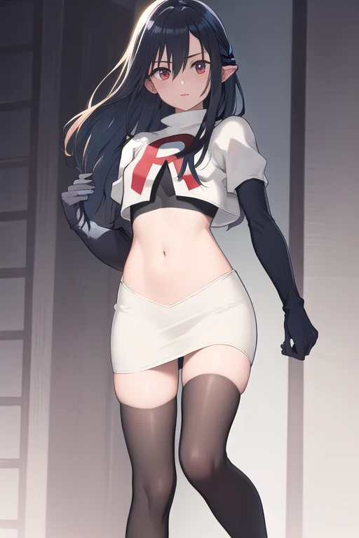 ((masterpiece)),(best quality),official art,extremely detailed CG,unity 8k wallpaper,ultra detailed,1girl,solo,black_hair,pointy_ears,long_hair,red_eyes,looking_at_viewer,bangs,hair_between_eyes,team rocket,team rocket uniform,white skirt,red letter R,crop top,black thigh-highs,black elbow gloves