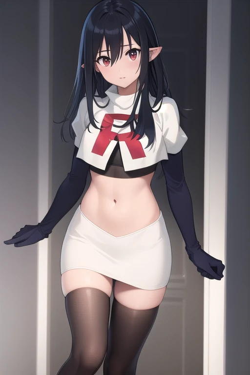 ((masterpiece)),(best quality),official art,extremely detailed CG,unity 8k wallpaper,ultra detailed,1girl,solo,black_hair,pointy_ears,long_hair,red_eyes,looking_at_viewer,bangs,hair_between_eyes,team rocket,team rocket uniform,white skirt,red letter R,crop top,black thigh-highs,black elbow gloves