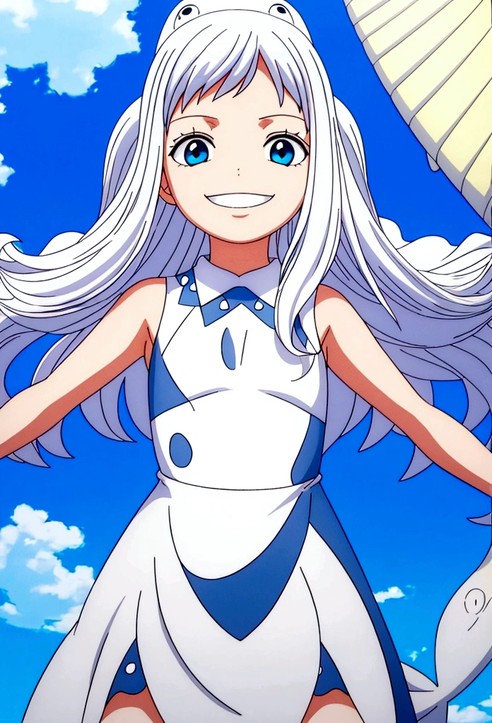 girl (5 years old), platinum white long hair, blue eyes,  wearing a cute whale shark dress, smiling in a sunny day