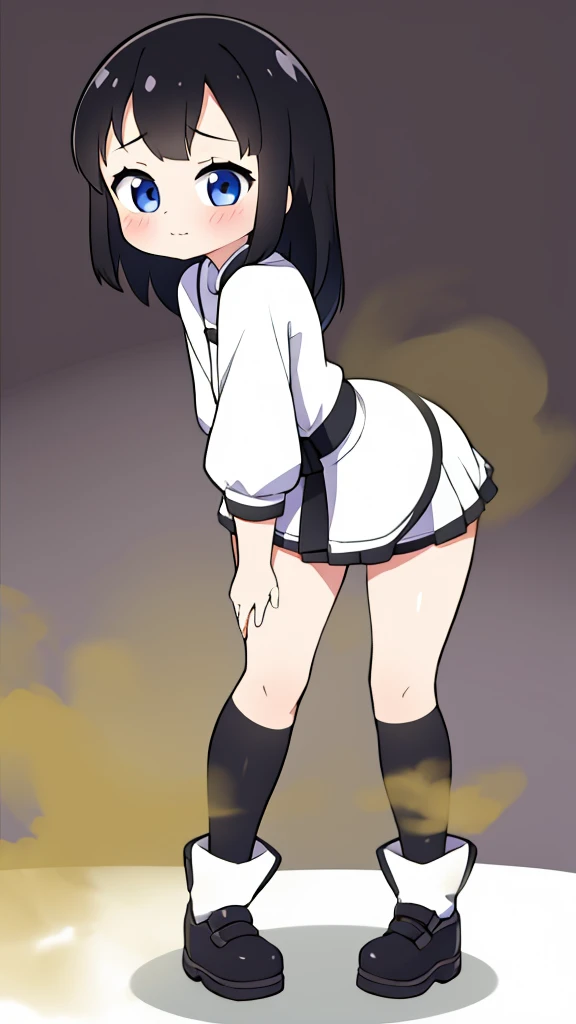 cute girl, farting, black and white, leaning forward, standing, leaning towards camera, front view, 1 girl in focus