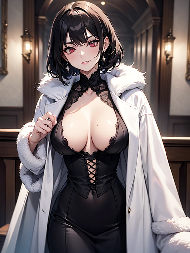 black hair, (solo), (victorian dress), (smirk), red eyes, pale skin, (pale), ((dark aura)), ((fiendish aura)), (bloody swirl in foreground), indoors, large breasts, white fur coat, (white fur coat)