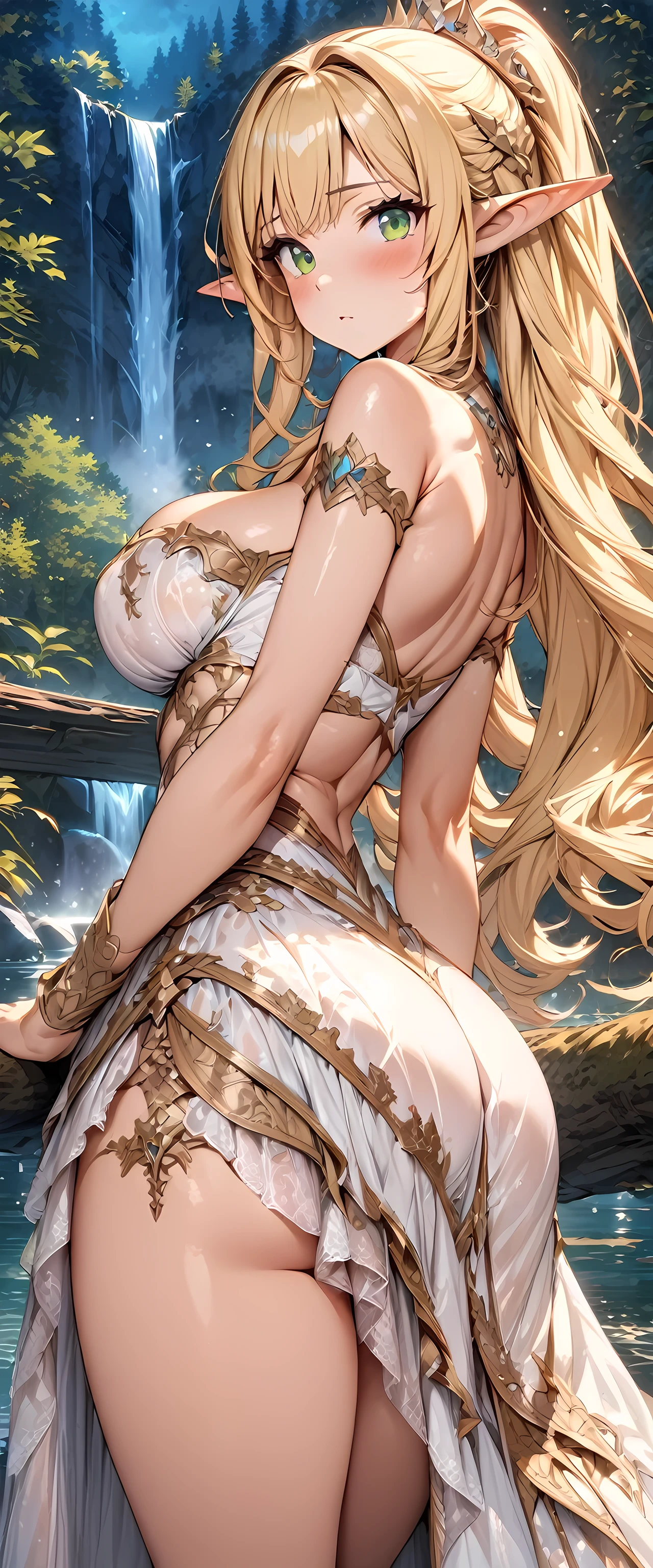 (masterpiece), (highest quality), (illustration), (super detailed), (high resolution), absurdity, 1girl,elf princess,toragao,blush,ornate white princess dress,blonde hair,long hair,green eyes,night,forest lake,waterfall,looking at viewer,bimbo,cowboy shot,water