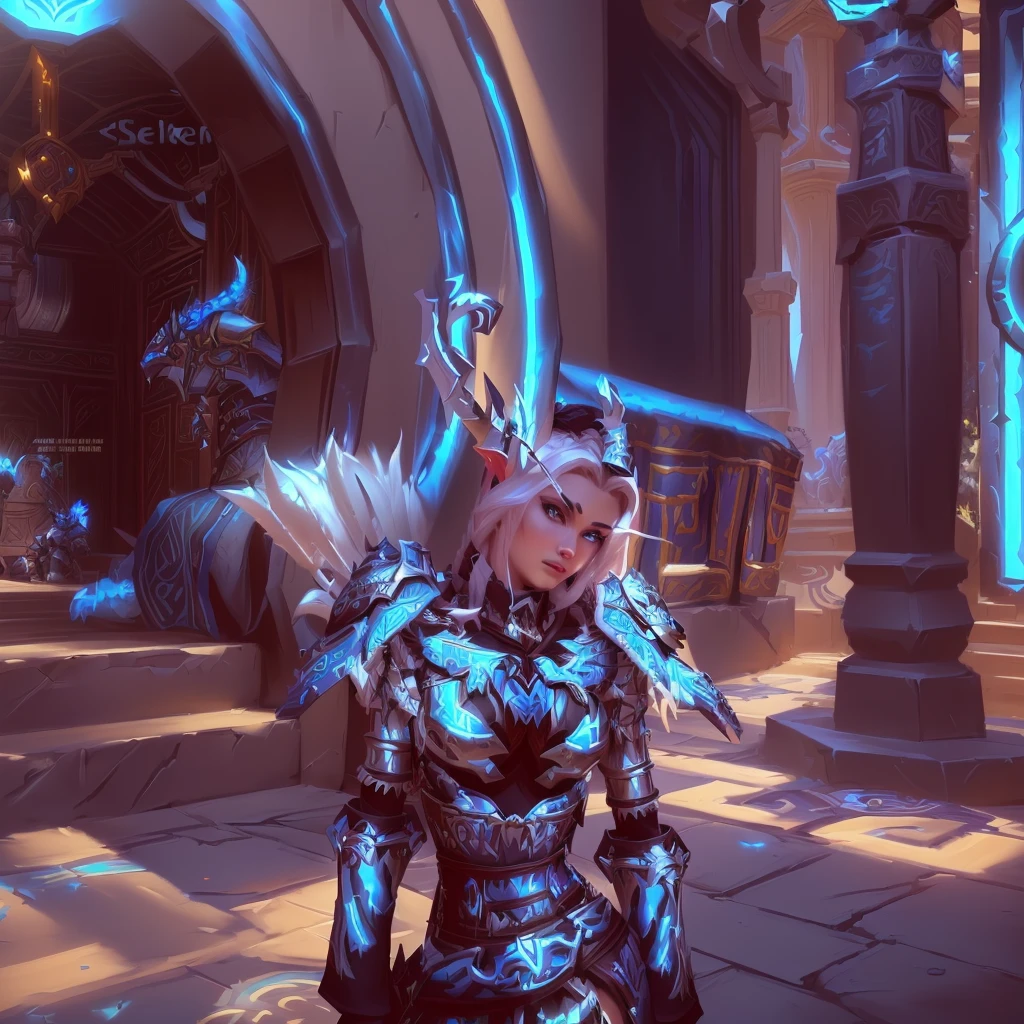 araffe in a screenshot of a video game with a sword, world of warcraft armor, wearing ornate armor, clothes themed on a peacock mage, wearing shiny breastplate, picture of female paladin, world of warcraft elven druid, warcraft character, north adult female warrior, from world of warcraft, wearing intricate fur armor, wearing tribal armor