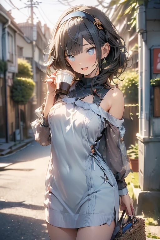 (perky chest:1.2), (pointed chest:1.2),(((Black Tunic:1.3))),(((cakes and bread in the basket),Cute and beautiful girl,Cute round face,Cute smile,with blush cheeks,Red Lip,solo, looking at viewer, open mouth, have a cute grass of cute beergrass,black hair, dark green eyes, dress, bare shoulders, jewelry, collarbone, sidelocks, hairband, earrings, indoors, off shoulder, sweater, arms behind back, plant, short hair with long locks, gild hairband, off-shoulder dress, sweater dress, off-shoulder sweater, black sweater, dark gord hair, big side hair, very long side hair,is rendered in (masterpiece: 1.2, best quality), with (ultra high resolution) and an exquisite (depth of field),(Bangs are see-through bangs),hair pin,hair adornments,detailed clothes features,Detailed hair features,detailed facial features,(Dynamic angles),(Dynamic and sexy poses),Cinematic Light,(masutepiece,top-quality,Ultra-high resolution) ,(The 8k quality,Anatomically accurate facial structure,),(Sea Art 2 Mode:1.3),(Image Mode Ultra HD) ,(Hold a coffee in your hand:1.3),delicate beautiful face, Bright blue eyes, cute eyes, sparkling eyes, Big eyes, (perky chest:1.1), (pointed chest:1.3), looking at viewer,