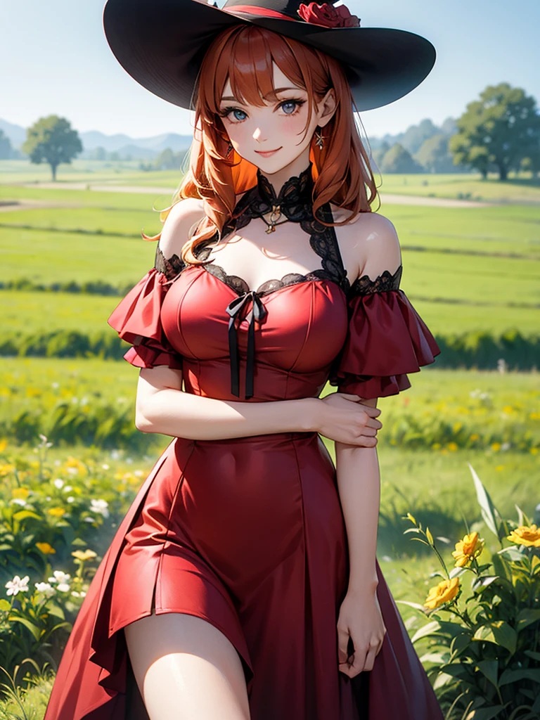 (solo), (red dress), (victorian dress), (smile), pale skin, (pale), outdoors, large breasts, happy, radiant glow, ((cowboy shot)), (holy aura), orange hair, ginger hair, bare shoulders, greenlands, open plains for background, big red hat