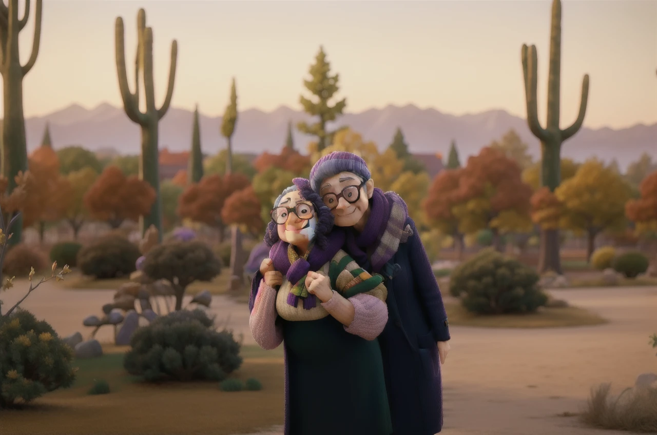 masterpiece, best quality, an old woman with glasses and a scarf on, wearing a purple coat and green scarf, standing at the park