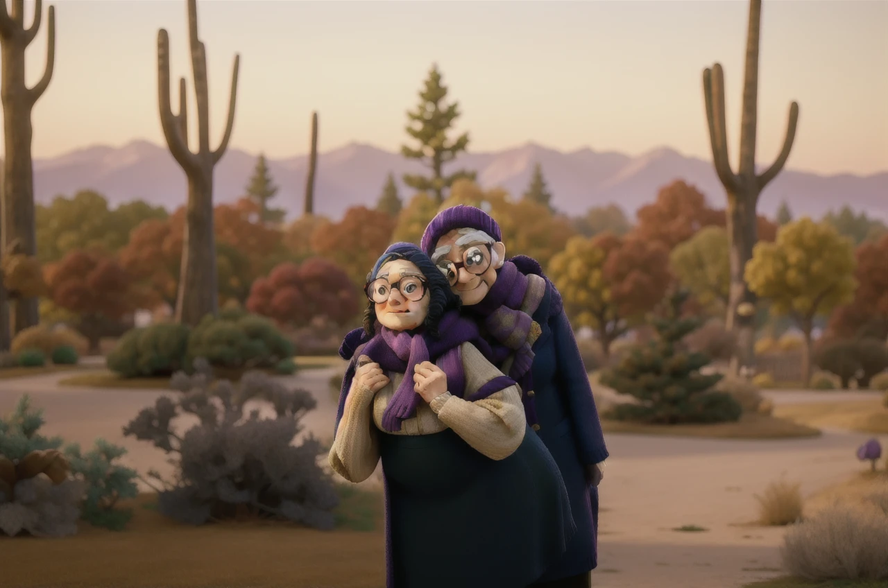 masterpiece, best quality, an old woman with glasses and a scarf on, wearing a purple coat and green scarf, standing at the park