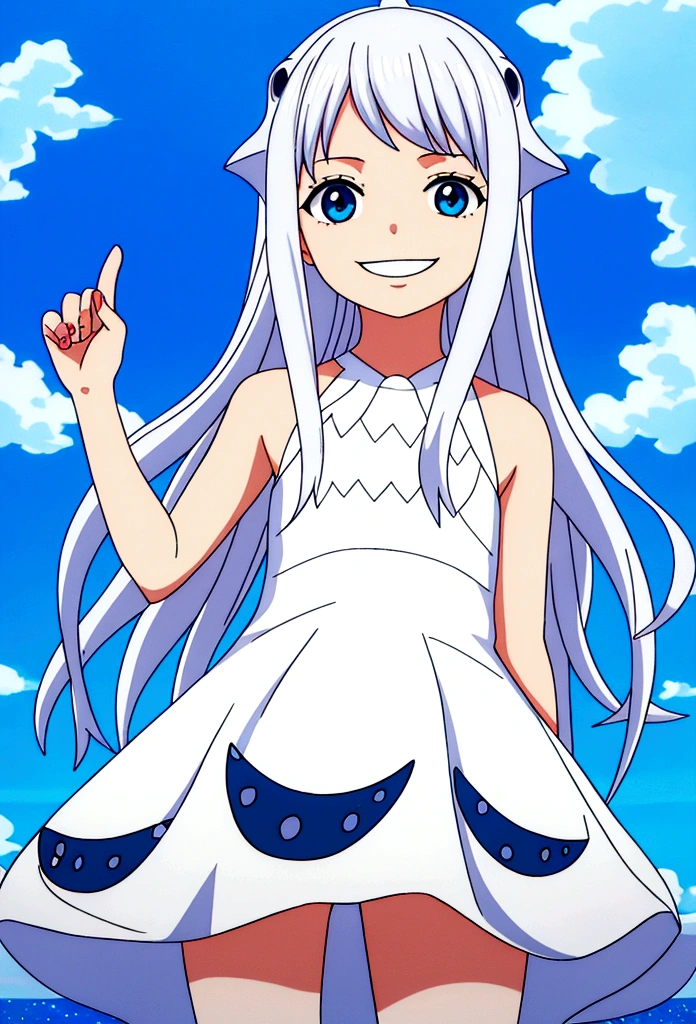 girl (5 years old), platinum white long hair, blue eyes, wearing a cute whale shark dress, smiling in a sunny day