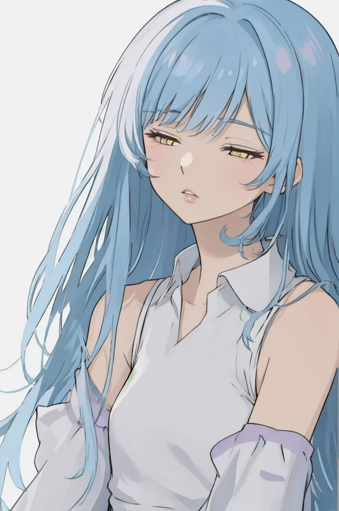 anime style, 1girl, light blue hair, long hair, yellow eyes, troubled expression, closed eyes, sad eyebrows, white sleeveless dress, light purple sleeves, lips,, portrait,, white background