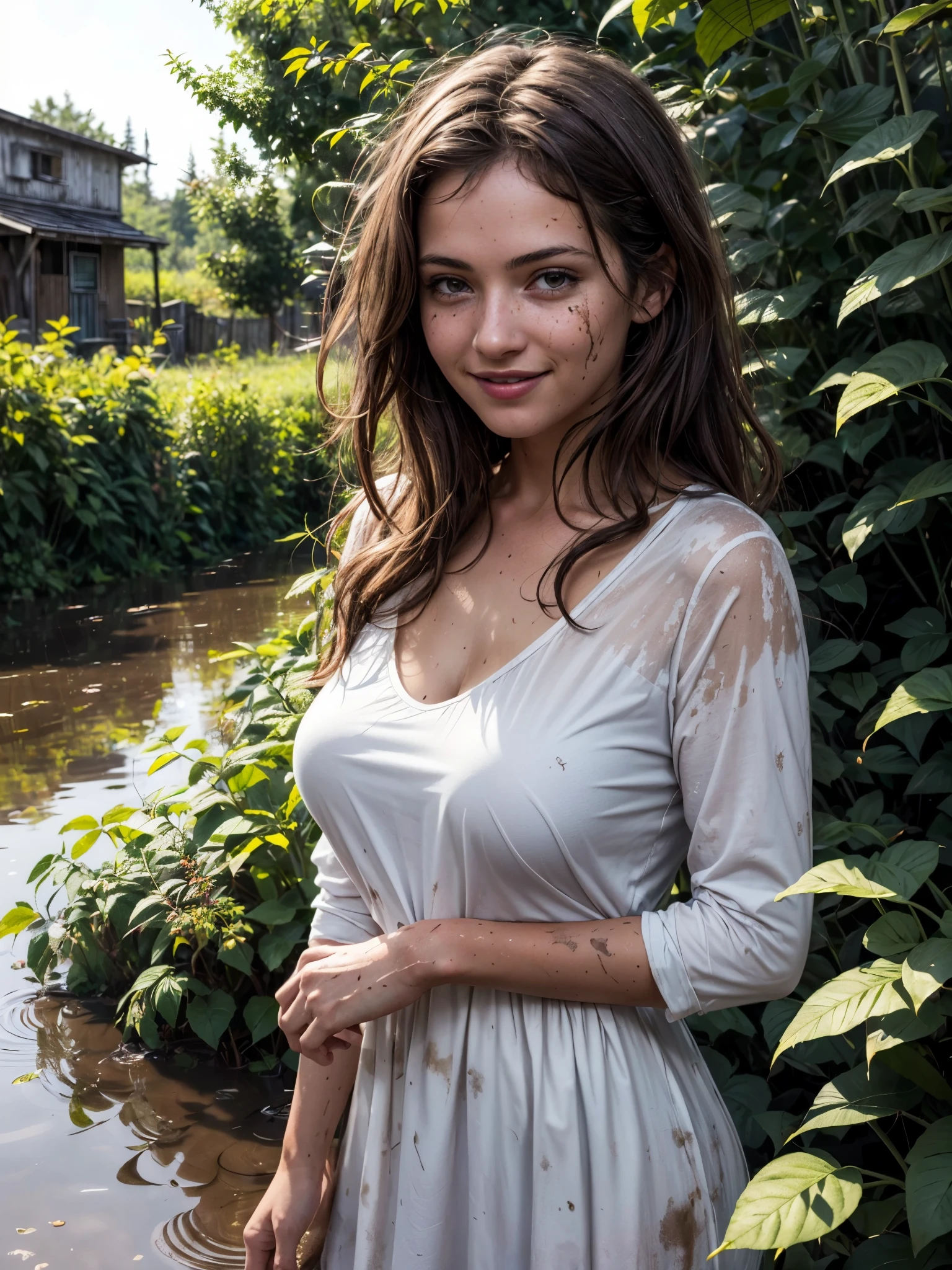 1girl, greek dress, detailed face, looking at viewer, smile, flooding puddle, (wild shrubs:1.2), small rickety hut, outdoor, direct sunlight, natural light, photorealistic, cinematic lighting, dirty muddy clothes, gigantic breast,