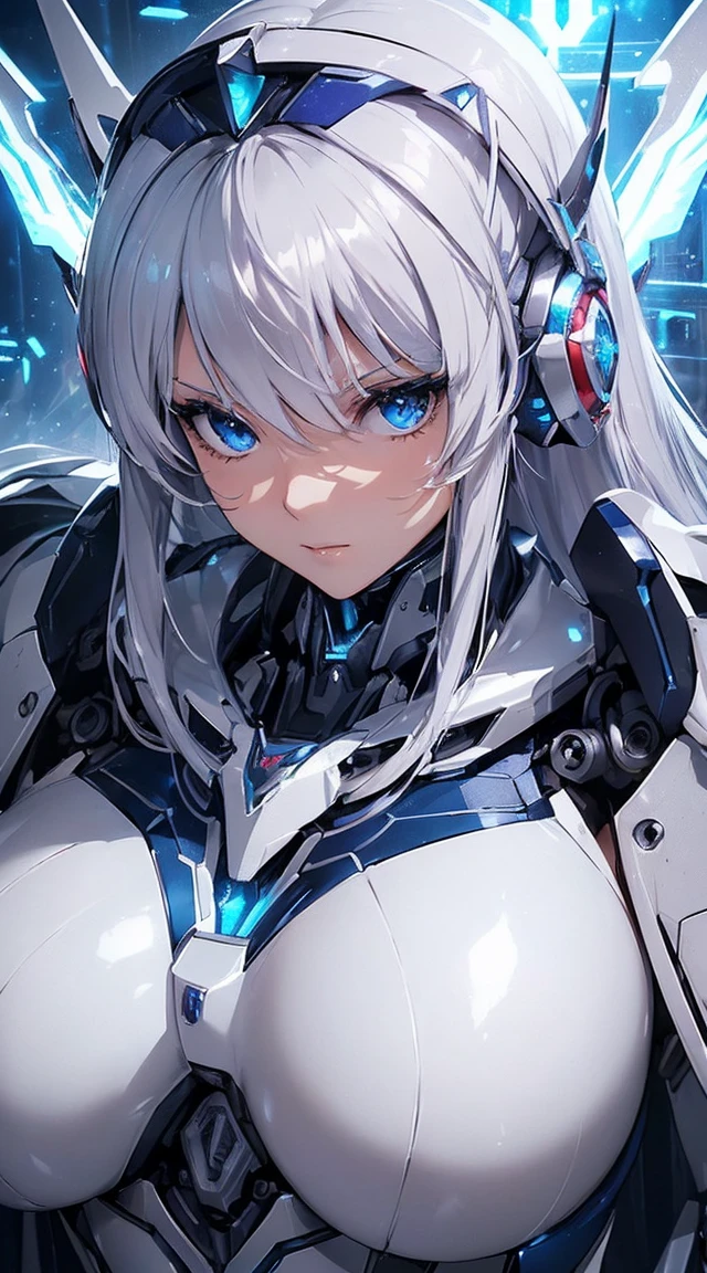 ((Extreme close up:1.6))、(((Lenses shining on both breasts:1.3)))、((Blue pillars of light radiate from both of his chests..:1.3))、break、(((Dynamic pose:1.8)))、smile、((8K)), ((32k)), ((Highest quality)), ((masterpiece)), ((超A high resolution)), ((Tmasterpiece)), ((Halation:1.4))、((Mechaニカルheadgear:1.2))、((Cyber Headphones:1.3))Fine skin, High quality fabric, High-quality metal texture、((Beautiful and dense face))、RAW Photos、Professional, Ultra-fine painting, ((alone)), Beautiful breasts、Highest quality, Very detailed, Very detailed詳細, Finer details, so beautiful, ((Princess Knight Robot:1.2)), (Joint of the machine, Mechanical Limbs:1.3), (The internal structure of the machine is exposed:1.3), (Long silver hair:1.1), (Beautiful and huge mechanical breasts)、White Veil, cowboy_shot, Side Focus, headgear, Shiny、(Five Fingers, Four fingers and thumb),Concept Art, Anime fantasy artwork, Detailed fantasy art, (with pale blue-violet hair and large white wings,,,,,,,,), (((Long silver hair))), (Mecha:1.6)、Sleek and intimidating design, ((Commander-in-Chief'arm)), (Perfect robot body)、純白と青紫のarmまたは, Symmetrical wings, 8K High Resolution, Detailed Art, 3D rendering of character art in 8K, neat legs, Defined, Defined fingers,((headshot:1.3))