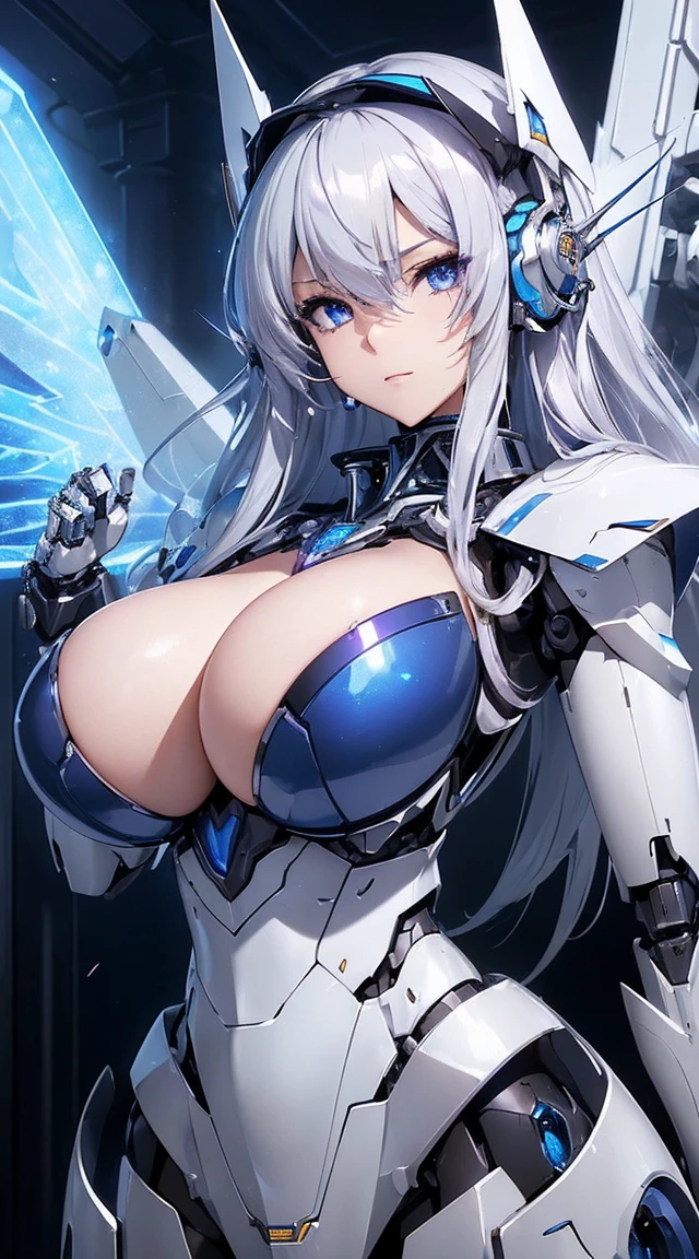 ((Intense action pose:1.6))、((Shining lenses on both breasts:1.3))、((Blue pillars of light are emanating from both chests.:1.3))、smile、((8K)), ((32k)), ((Highest quality)), ((masterpiece)), ((超A high resolution)), ((Tmasterpiece)), ((Halation:1.4))、((Mechaニカルheadgear:1.2))、((Cyber Headphones:1.3))、Fine skin, High quality fabric, Fine metal texture、((Beautiful and dense face))、RAW Photos、Professional, Ultra-fine painting, ((alone)), Beautiful breasts、Highest quality, Very detailed, Very detailed詳細, Finer details, so beautiful, ((Princess Knight Robot:1.2)), (Joints of machines, Mechanical Limbs:1.3), (The internal structure of the machine is exposed:1.3), (Long silver hair:1.1), (Beautiful and huge mechanical breasts)、White Veil, cowboy_shot, Side Focus, headgear, Shiny、(Five Fingers, Four fingers and thumb),Concept Art, Anime fantasy artwork, Detailed fantasy art, (with pale blue-violet hair and large white wings,,,,,,,), (((Long silver hair))), (Mecha:1.6)、Sleek and intimidating design, ((Commander-in-Chief'arm)), (Perfect robot body)、純白と青紫armまたは, Symmetrical wings, 8K high quality, detailed art, 3D rendering of character art in 8K, neat legs, Defined, Defined fingers,