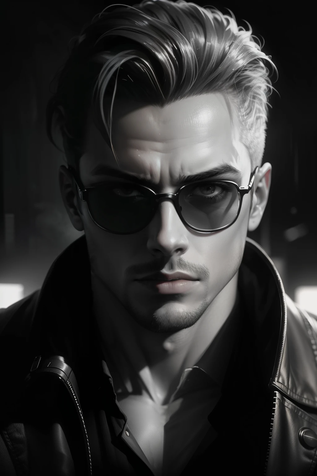 An Instagram-stylized portrait of Tyler Durden, the enigmatic anti-hero, dons sunglasses and holds a cigarette in an air of nonchalance against a dark and dimly lit background. The background subtly reveals itself to create a tantalizing sense of mystery, with dramatic lighting and high contrast accentuating the intricate textures and contours of his rugged face. The noir film style and vintage photo effect lend an ominous and vintage atmosphere, while the textured background and intense shadows further enhance Tyler's charismatic yet dangerous aura. Utilizing a portrait lens and a cinematic feel in version 6.0, this image is sure to ex