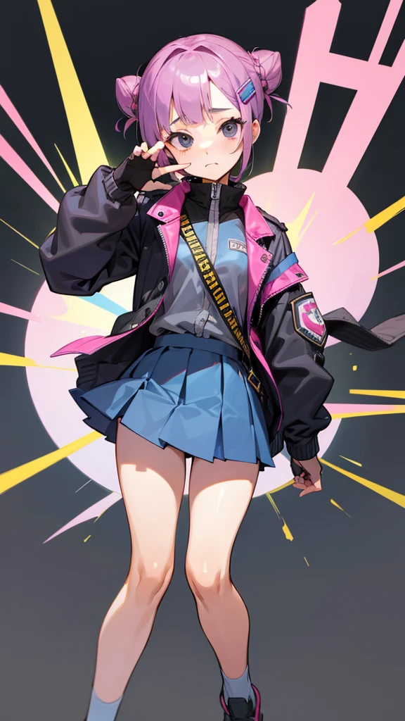 Top Quality, 8K, 4K, High Definition, Detail, (better-quality, 8K, 12), top-quality, 1 girl、purple short bob hair clip tied into a bun、black eyes、small breasts、uniform、gray jacket with pink line、blue skirt、 fingerless gloves、thighs、Ilcha fousing on her, surprise face, having her handon her face, making cute expressing face. picture pose, she is standing up, she has a loil pop in her mouth, she up close only showing her wraist and up.