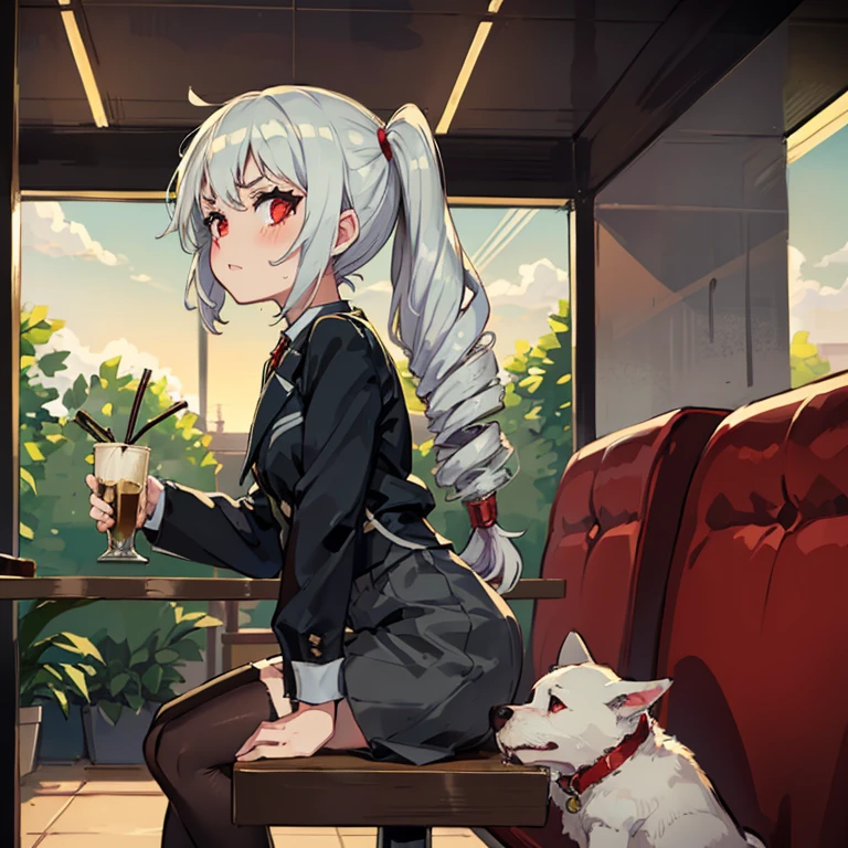 Young girl with grey hair, ((fringed and curly hair)),((curly short twintail)), curly hair ,(red eyes),, ((small bushy eyebrows)), wearing gothic ta clothing, loli, walking to school, bored look, bored face, , suddenly having sex in public, ((doggy style sex)), ((public sex in a restaurant)) naked ass in the male crotch, perfect anatomy, ((many people sitting around at the same table as her))