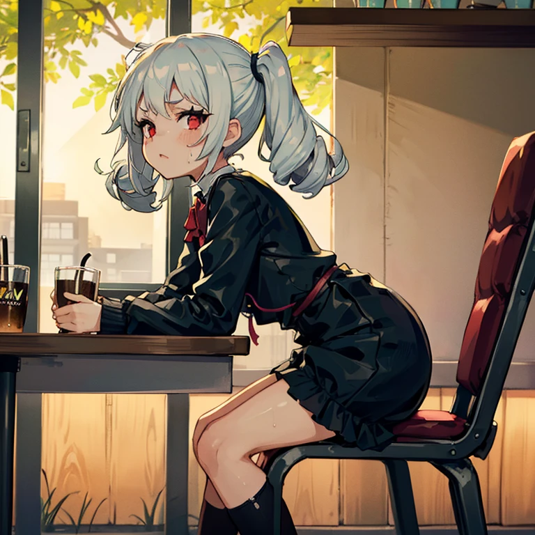 Young girl with grey hair, ((fringed and curly hair)),((curly short twintail)), curly hair ,(red eyes),, ((small bushy eyebrows)), wearing gothic lolita clothing, lolicon , walking to school, bored look, bored face, , suddenly having sex in public, ((doggy style sex)), ((public sex in a restaurant)) naked ass in the male crotch, perfect anatomy, ((many people sitting around at the same table as her))