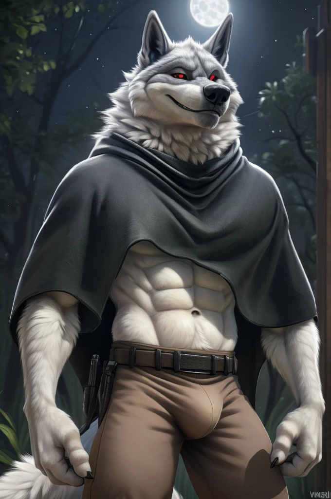 death (puss in boots), male, muscular, wolf, canid, fluffy, standing, night, forest, claws, paws, low angle view, long hair, black sclera, red eyes, tail, front view, action pose, (black poncho:1.2), clothed, bottomwear, pants, belt, white body, black fur, black fur, grey fur, forest, moonlight night, BREAK, by virtyalfobo, by anchee, by snowskau, by foxovh, by sabretoothed ermine, (intricate, high detail, film photography, soft focus, RAW candid cinema, photorealism, realistic, photorealistic, analog style, subsurface scattering, masterpiece, best quality, ultra realistic, 8k), bulge, bulge in pants, erect bulge in pants, raising cloak, revealing abs, 6-pack abs, smug expression, flirty, flexing bicep, muscular arms, muscular forearms, cupping crotch