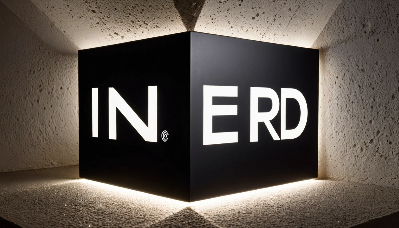 a black cube with the word icon separated by syllables with the letter i on one side, the syllable co on the other side and the syllable ne written on the other side seen, the letters written are in bright white color and the cube is supported on a from its angles on a black rectangle where the word nerd is written in bright white letters, this symbol is engraved on a wall in high relief with two lit torches, one on each side.