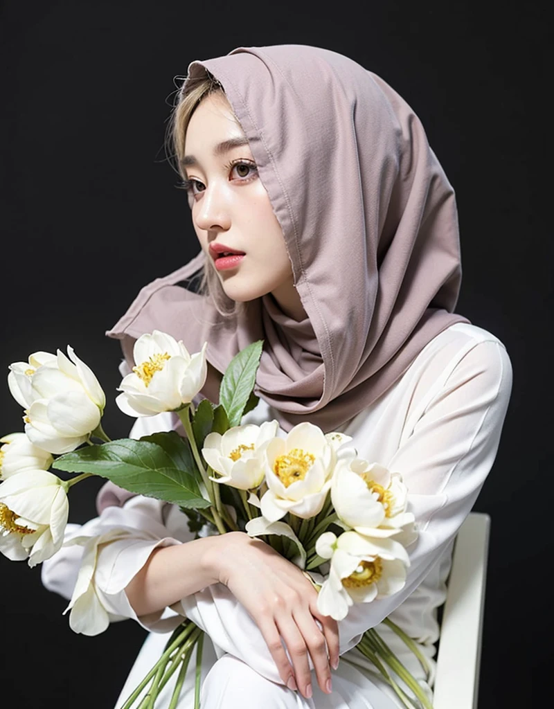 (Best quality, 8k, 32k, Masterpiece, UHD:1.2),Photo of Pretty Japanese hijab woman, large breasts, tight shirt, clean background, photo studios, fetish hijab, woman hijab sitting in a chair, digital art, gucci style, gucci clothes, album, official artwork, streetwear graphic design ,photo in studio, clean background, The Queen.