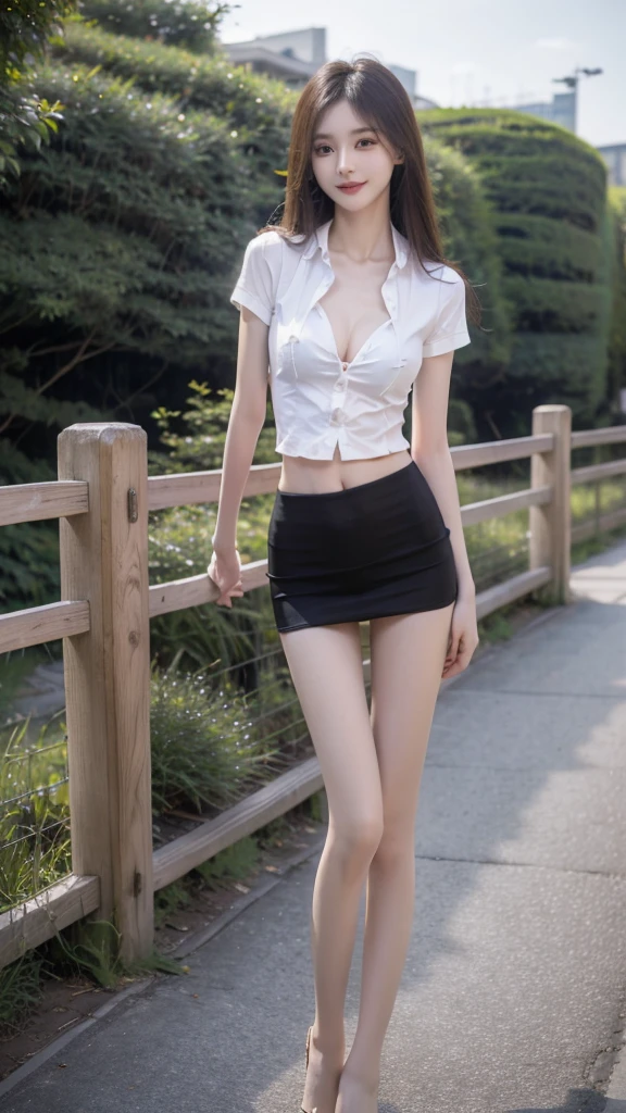 RAW, masterpiece, best quality, extremely detailed, 8k, HDR, photorealistic, intricate, A skinny Asian girl, she has an extremely slim body with narrow and small hips, long straight hair, cleavage, wearing a short sleeves shirt and extremely short black microskirt, smile, standing, outdoors