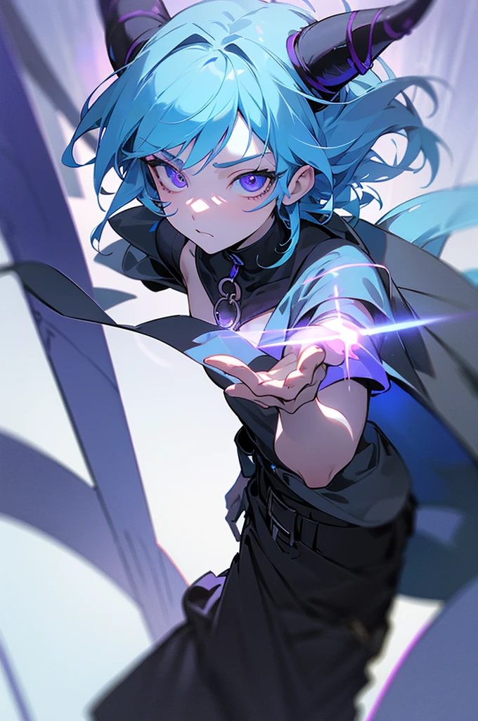 1 boy ,(big Stigmata), non binary, androgynous, School courtyard, (floating hair), ((in courtyard fountain)), character focus, ((black light)),((dark lighting)), cinematic lighting ,(darkness), (concept art), ((innocent face)), blue short straight hair, light blue hair color, dragonoid girl, short, short blue hairy, glowing bluish-purple horns, bluey-purple eye color, (glowing eyes), high resolution,(incredibly absurdres) ,extremely detailed CG unity 8k wallpaper, ((masterpiece)), ((top-quality)), (beautiful illustration), ((an extremely delicate and beautiful)), (masterpiece, Best quality, ultra high resolution), 1 girl, pale skin, Black Crown, purple eyes, Luminous_eyes, neon blue eyes, ultra detailed eyes, Beautiful and detailed face, detailed eyes, (Centered, torso), (wide shot:0.9), facing the viewer, Eye level, flat chested, flat chest, cup size AAA, Wearing black cargo shorts, sharp horns, blue horns on top of head
