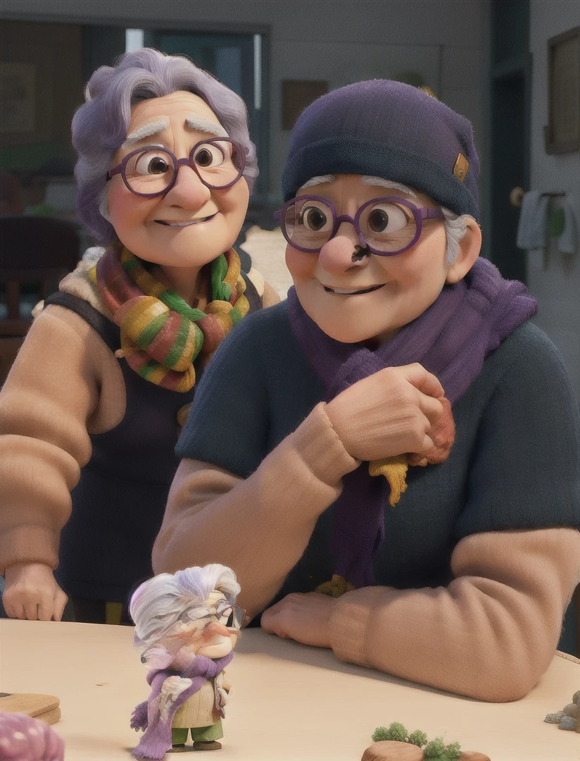 masterpiece, best quality, an old woman with glasses and a scarf on, wearing a purple coat and green scarf, standing at the park