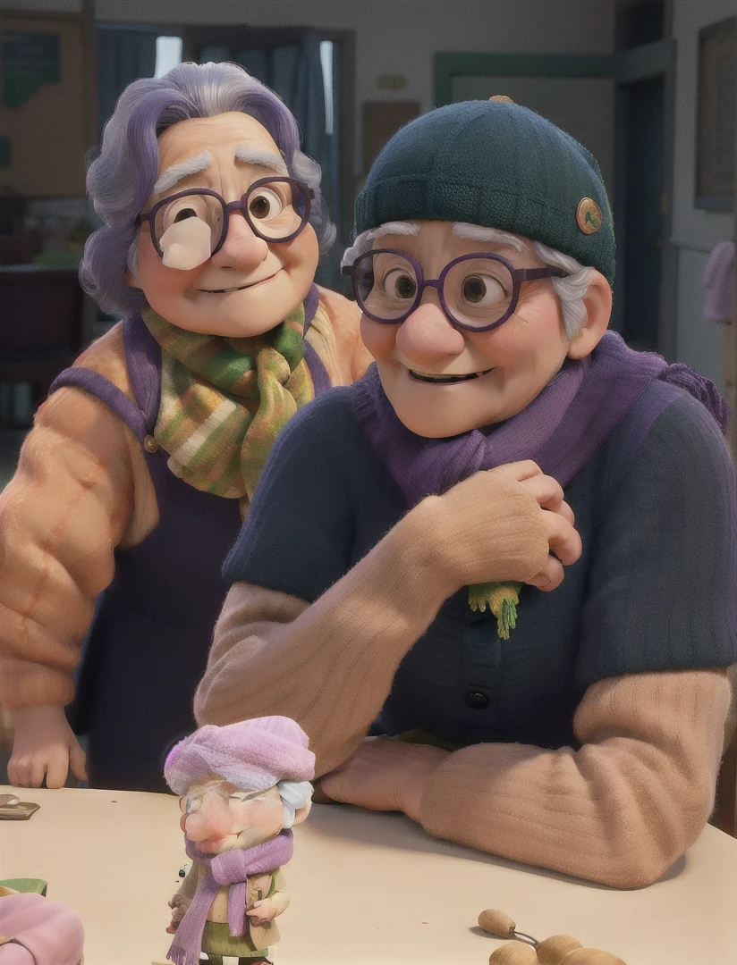 masterpiece, best quality, an old woman with glasses and a scarf on, wearing a purple coat and green scarf, standing at the park