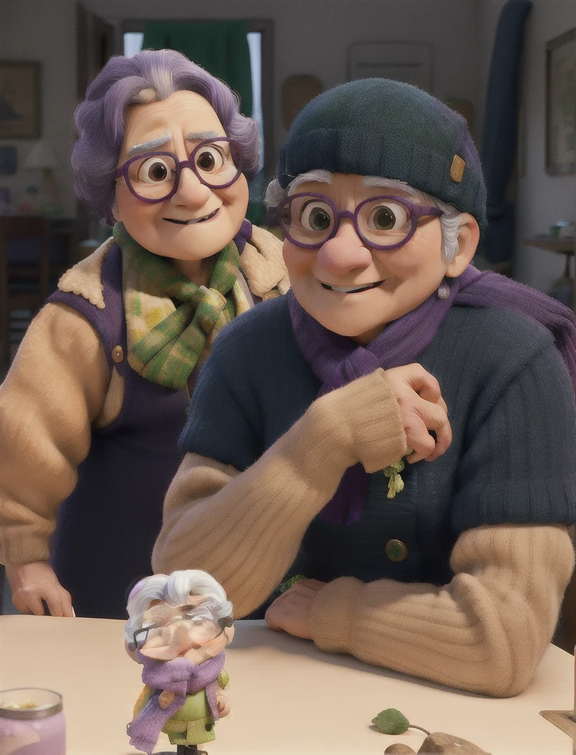 masterpiece, best quality, an old woman with glasses and a scarf on, wearing a purple coat and green scarf, standing at the park
