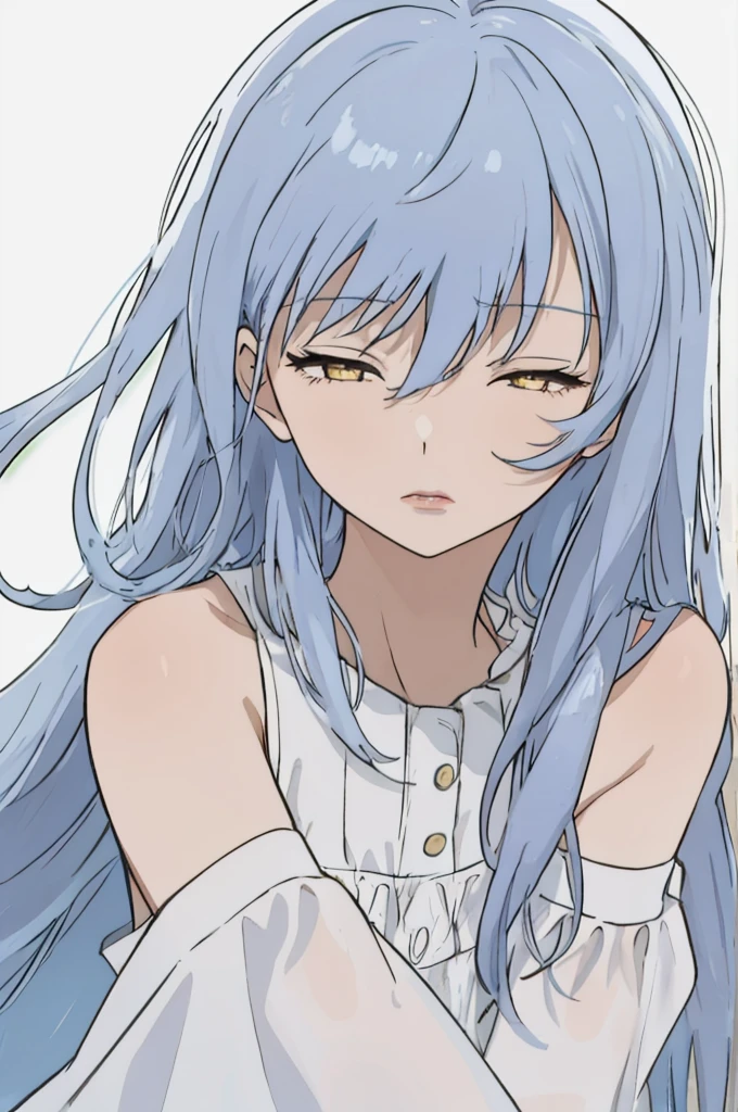 anime style, 1girl, light blue hair, long hair, yellow eyes, troubled expression, closed eyes, white sleeveless dress, light purple sleeves, lips,, portrait,, white background