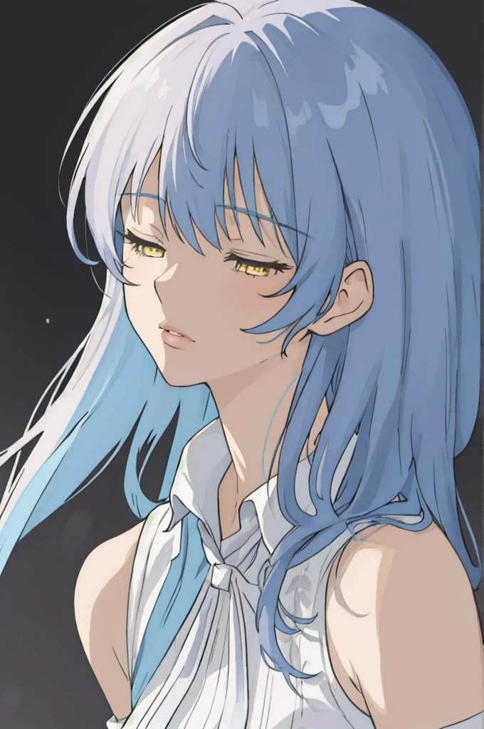 anime style, 1girl, light blue hair, long hair, yellow eyes, troubled expression, closed eyes, white sleeveless dress, light purple sleeves, lips,, portrait,, white background