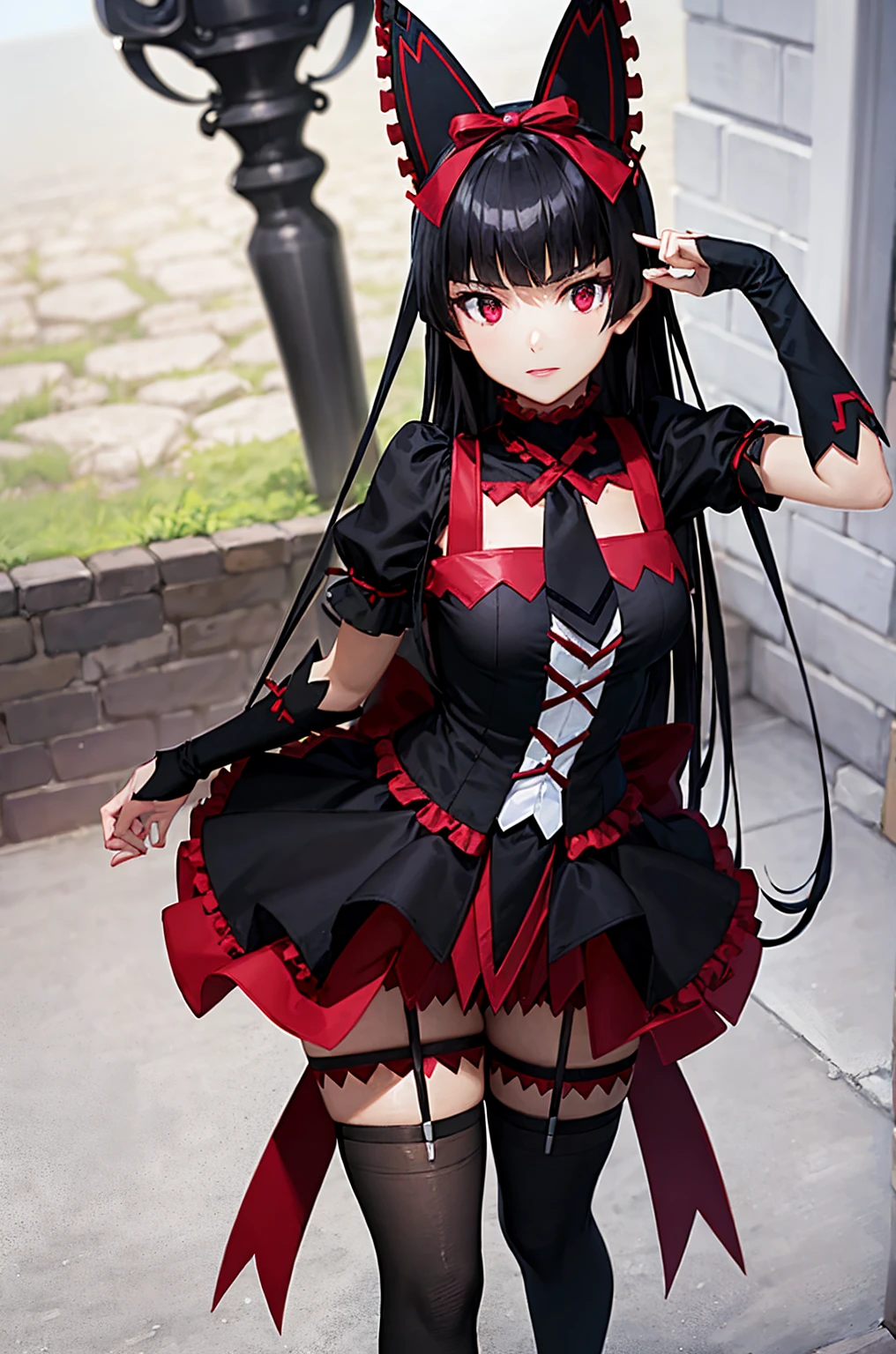 (masterpiece, best quality), rory_mercury, gothic fashion, gothic, black thighhighs, garter straps, dress