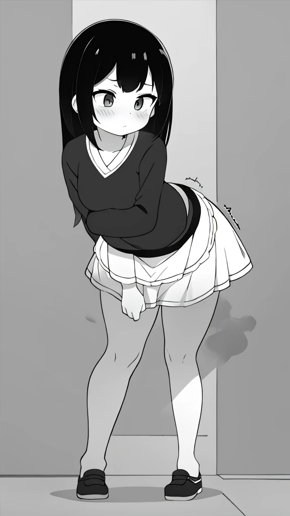 cute girl, farting, black and white, leaning forward, standing, leaning towards camera, front view, 1 girl in focus