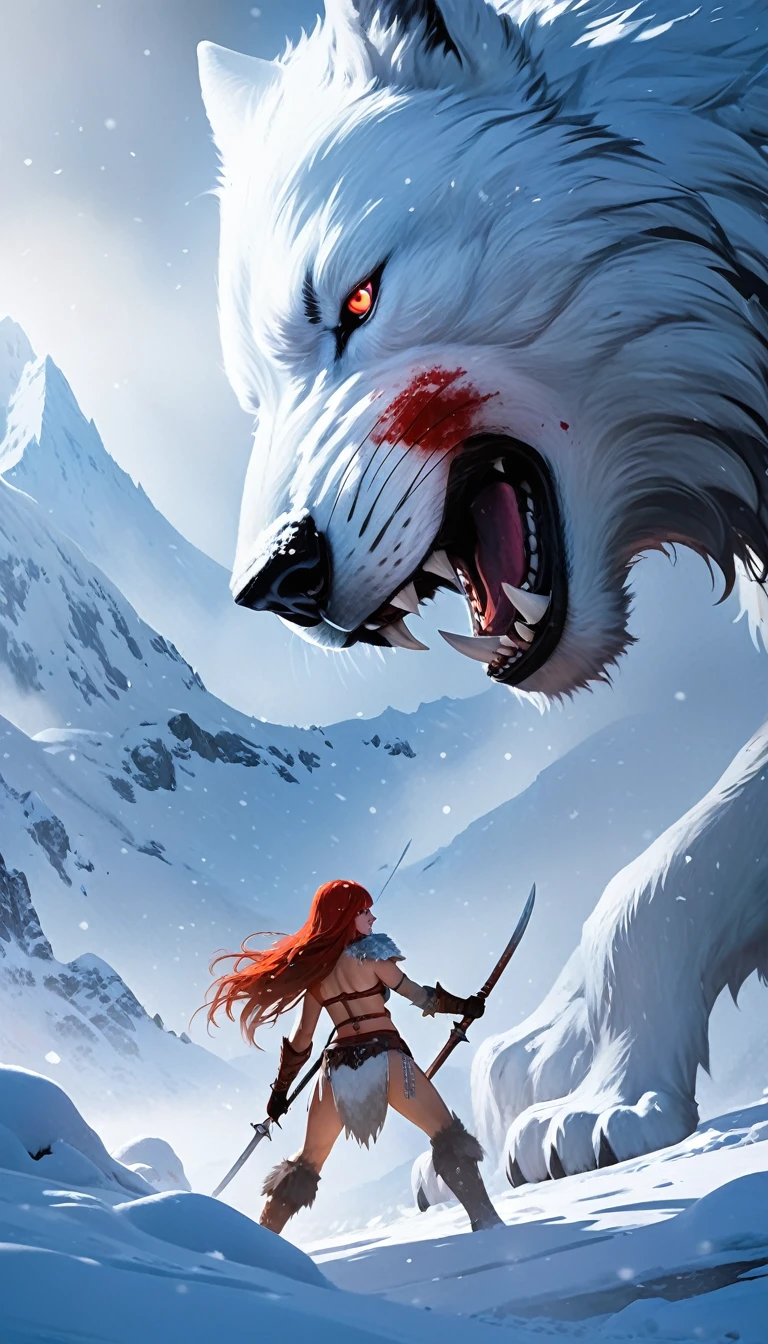 A fierce redhead warrior, Red Sonja, with her companion a huge giant wolf in a snowy landscape, blood stains on the pristine white snow (best quality, 4k, 8k, high resolution, masterpiece: 1.2), ultra detailed,,vivid colors,bokeh,portraits,concept art,dramatic lighting,cold tones,snow, ice, winter, art inspired by Bill Sienkiewicz
