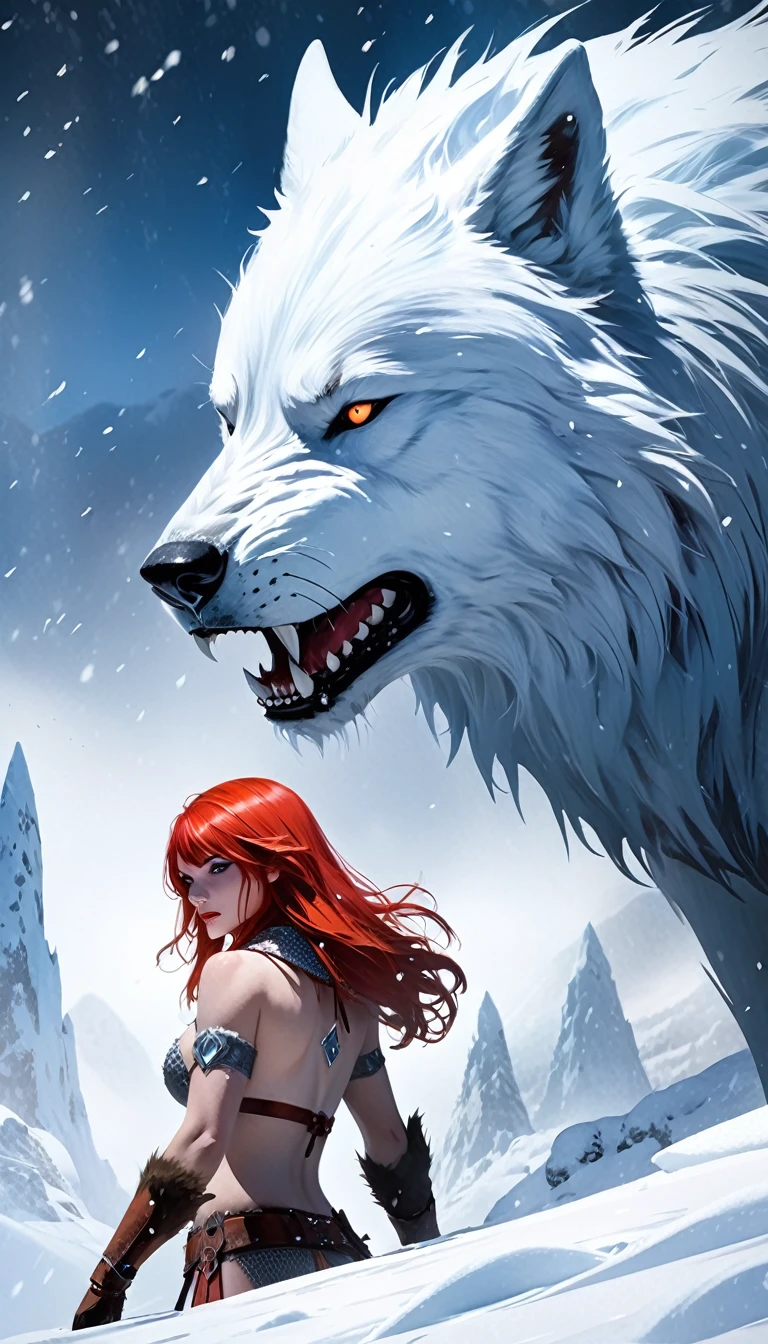A fierce redhead warrior, Red Sonja, with her companion a huge giant wolf in a snowy landscape, blood stains on the pristine white snow (best quality, 4k, 8k, high resolution, masterpiece: 1.2), ultra detailed,,vivid colors,bokeh,portraits,concept art,dramatic lighting,cold tones,snow, ice, winter, art inspired by Bill Sienkiewicz